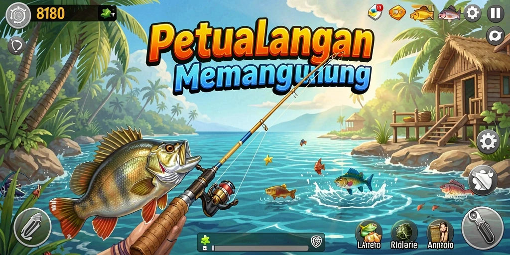 Screenshot menampilkan pemain menangkap ikan di danau yang indah.