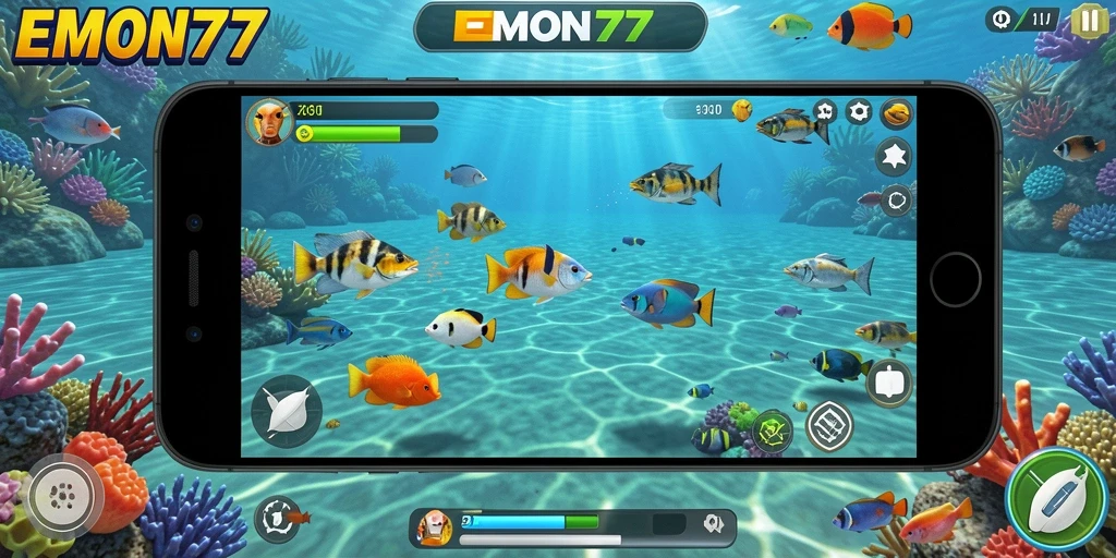 Tampilan gameplay seru di EMON77 saat menembak ikan.
