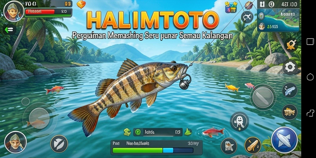 Screenshot dari gameplay HALIMTOTO menampilkan aksi memancing yang mendebarkan.