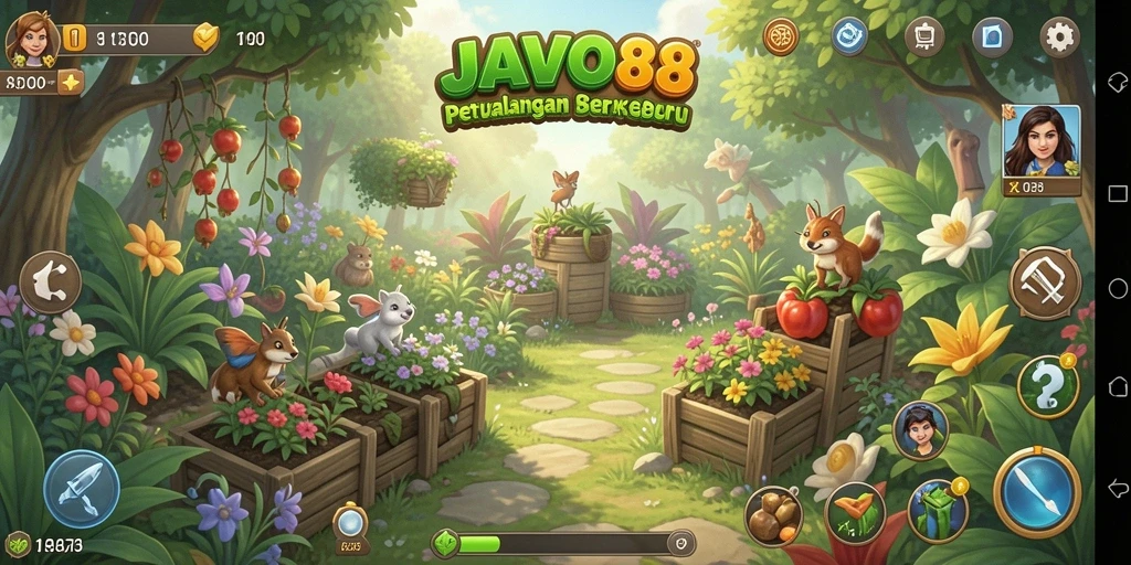 Screenshot gameplay JAVO88 menunjukkan kebun yang penuh warna dan aktivitas pertanian.