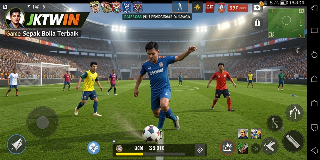 Screenshot utama JKTWIN yang menampilkan gameplay sepak bola yang mendebarkan.
