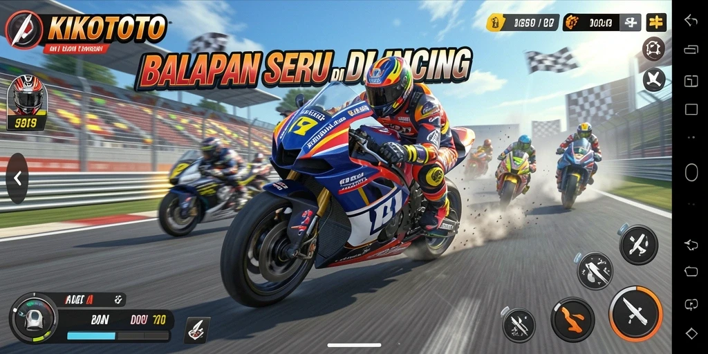 Screenshot KIKOTOTO menampilkan aksi balapan mendebarkan dengan motor dan lintasan yang bervariasi.