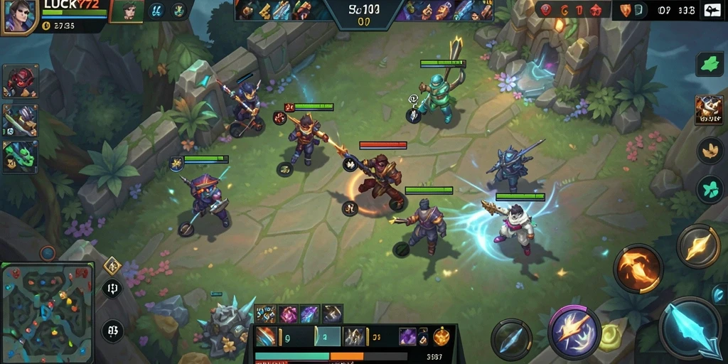 Screenshot gameplay <strong>LUCKY72</strong> menampilkan aksi pertempuran MOBA yang seru.