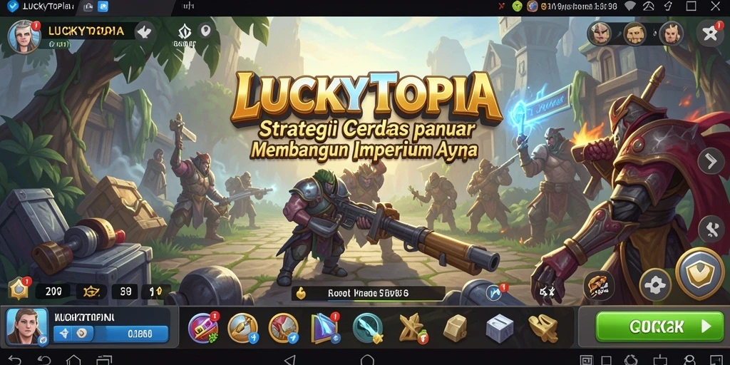 Tampilan gameplay LUCKYTOPIA dengan strategi membangun kerajaan yang kompleks.