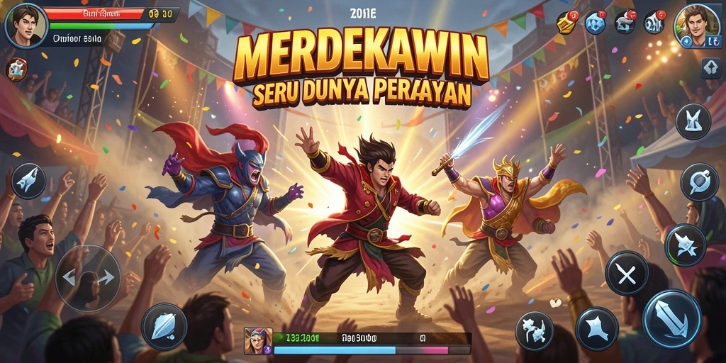 Tangkapan layar utama MERDEKAWIN menampilkan aksi tempur yang mendebarkan di suasana perayaan.