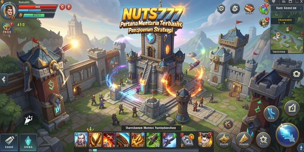Tampilan gameplay NUTS777 dengan menara pertahanan yang beraksi melawan gelombang musuh.