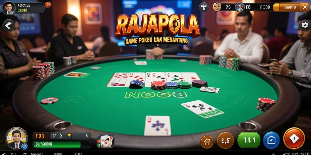Screenshot permainan RAJAPOLA menampilkan aksi permainan poker yang seru.