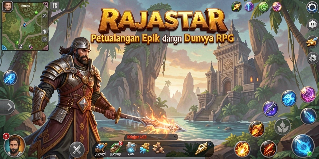 Tangkapan layar gameplay RAJASTAR menampilkan aksi pertempuran yang seru dan grafis yang menakjubkan.