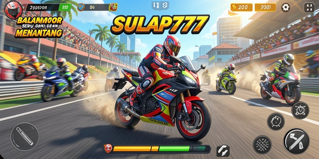 Tampilan gameplay mendebarkan dalam SULAP777 saat balapan motor.
